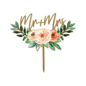 Natural Wood Cake Topper Decoration - Floral Mr   Mrs