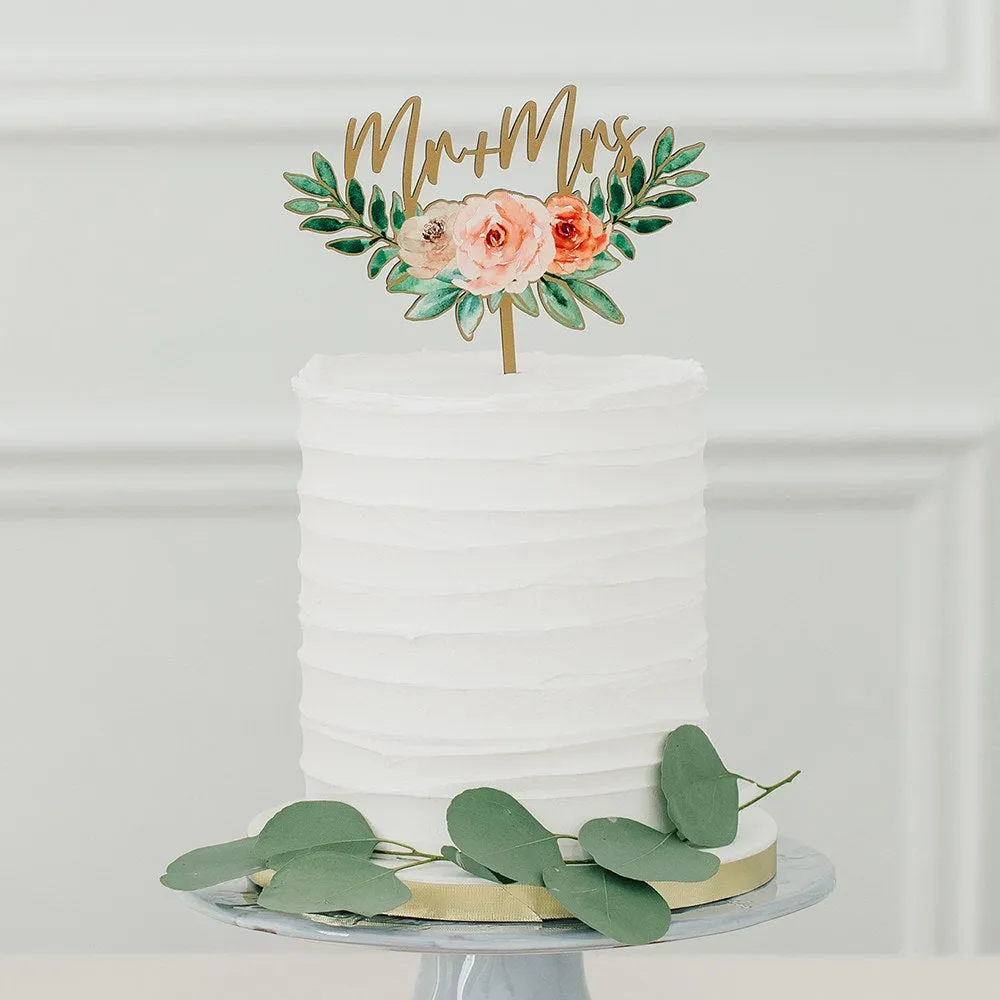 Natural Wood Cake Topper Decoration - Floral Mr   Mrs