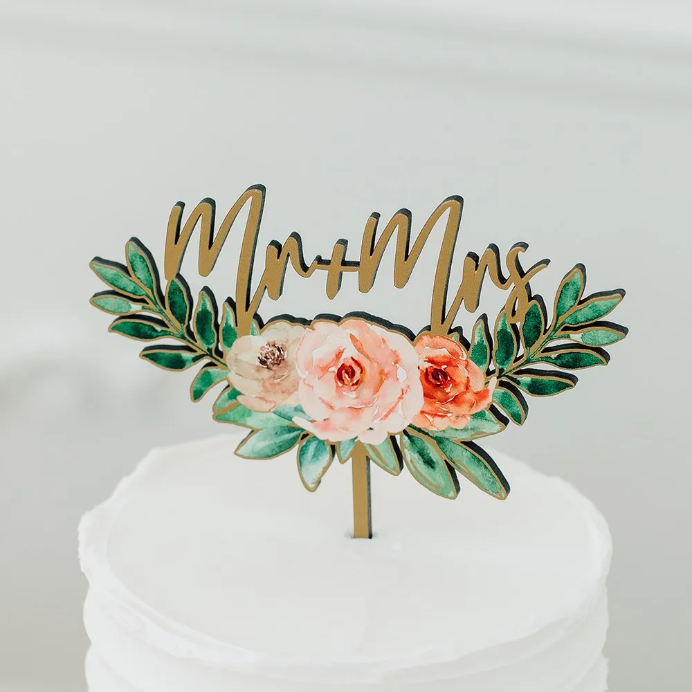 Natural Wood Cake Topper Decoration - Floral Mr   Mrs