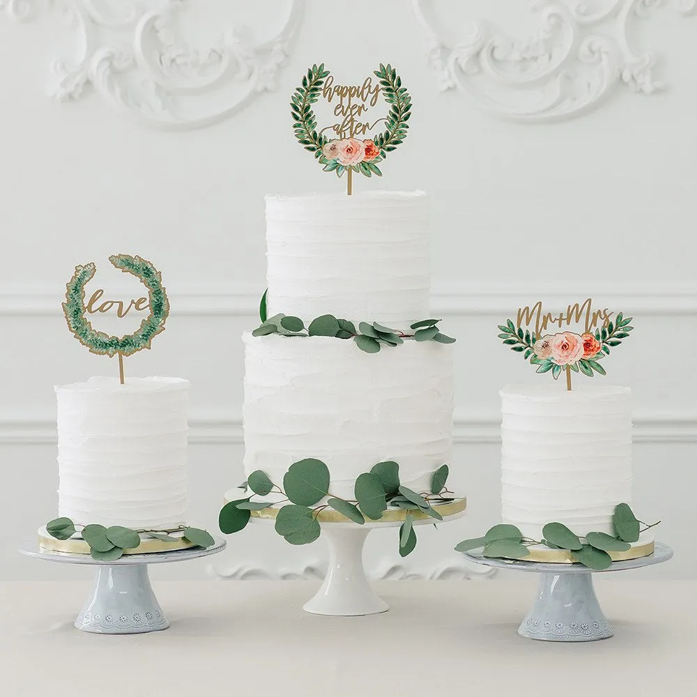 Natural Wood Cake Topper Decoration - Floral Mr   Mrs