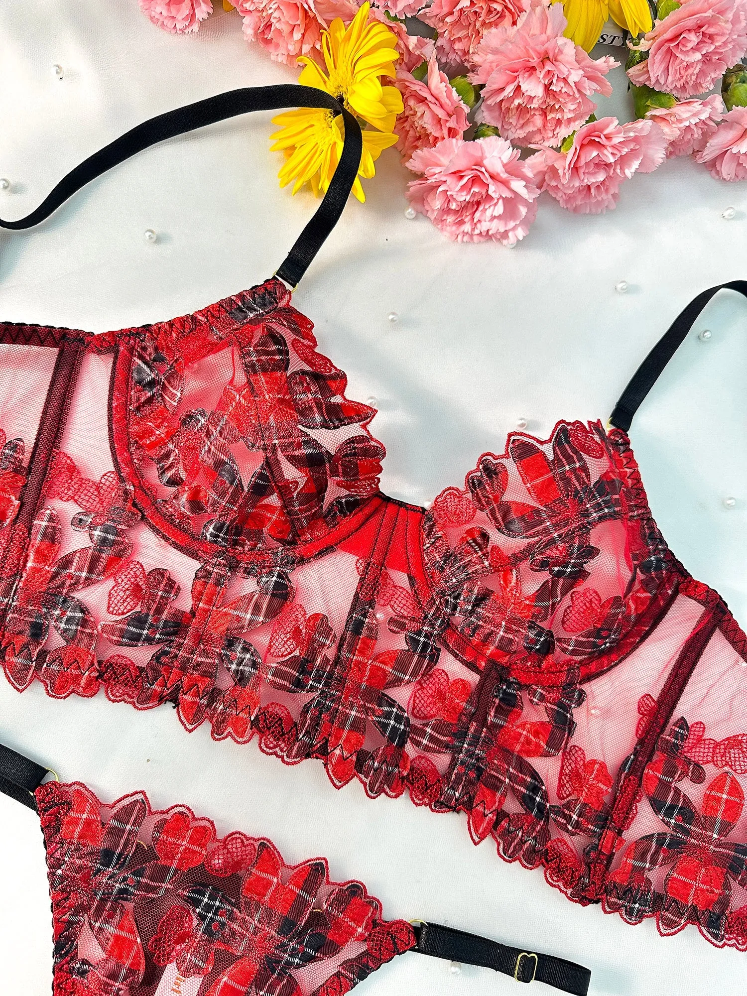 Red Tartan Flower Lace Lingerie Set