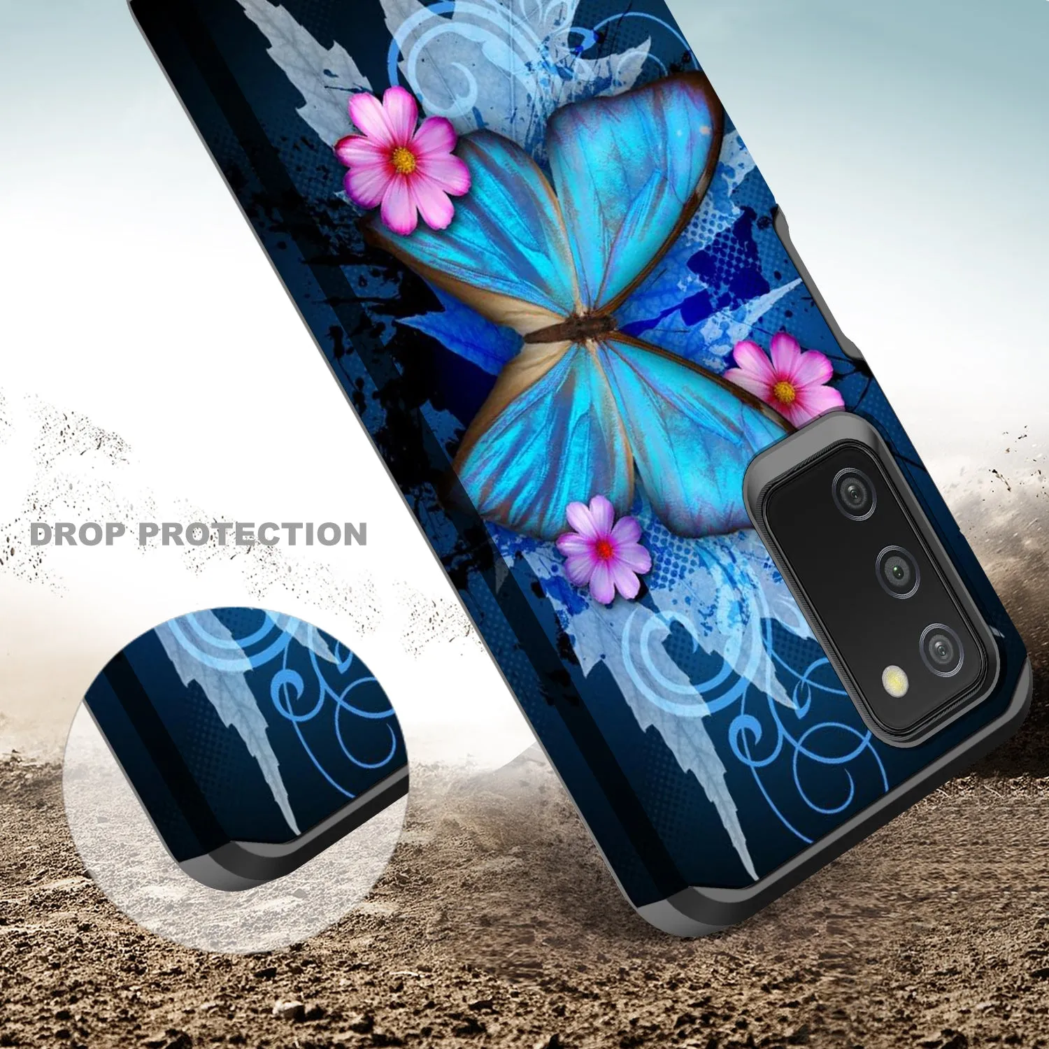 Samsung Galaxy A03s, [Include Temper Glass Screen Protector] Slim Hybrid Dual Layer [Shock Resistant] Case for Galaxy A03s - Blue Butterfly