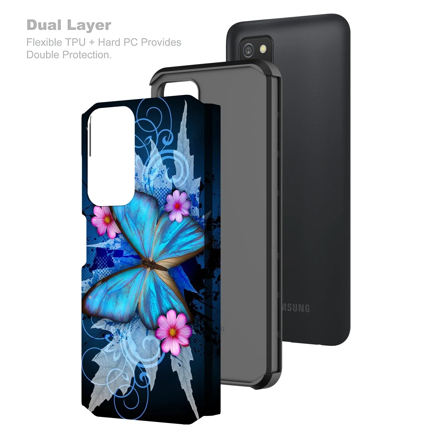 Samsung Galaxy A03s, [Include Temper Glass Screen Protector] Slim Hybrid Dual Layer [Shock Resistant] Case for Galaxy A03s - Blue Butterfly